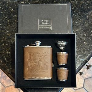 Brown Leather Wrapped Flask Gift Set by